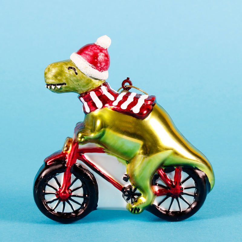 Dinosaur Riding A Bicycle Hanging Christmas Bauble