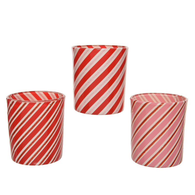 Tealight Holders Glass Stripe Set of 3 Red White Pink Glitter Stripe