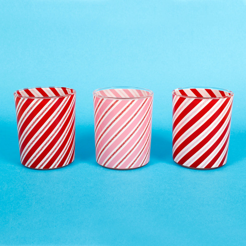 Tealight Holders Glass Stripe Set of 3 Red White Pink Glitter Stripe